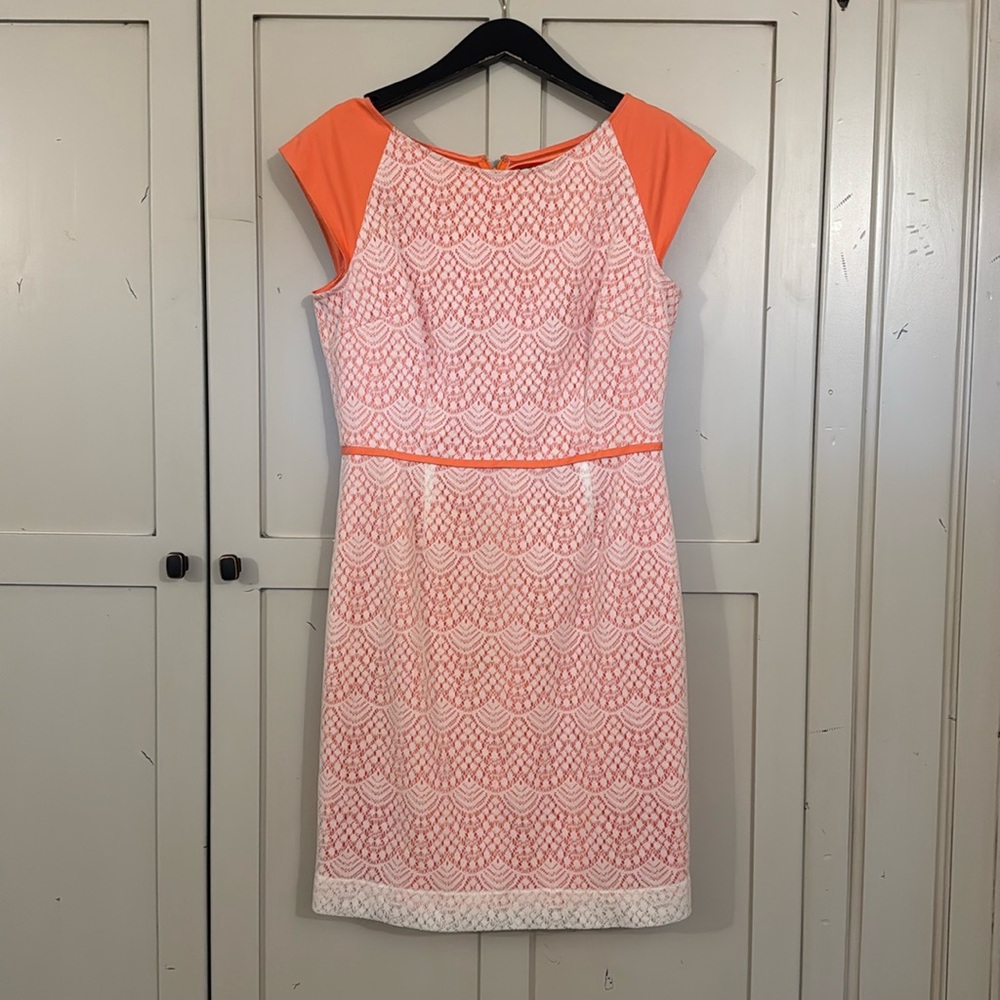 Like New! Orange/Cream cap sleeve dress, size 10 Alex Marie brand, washable